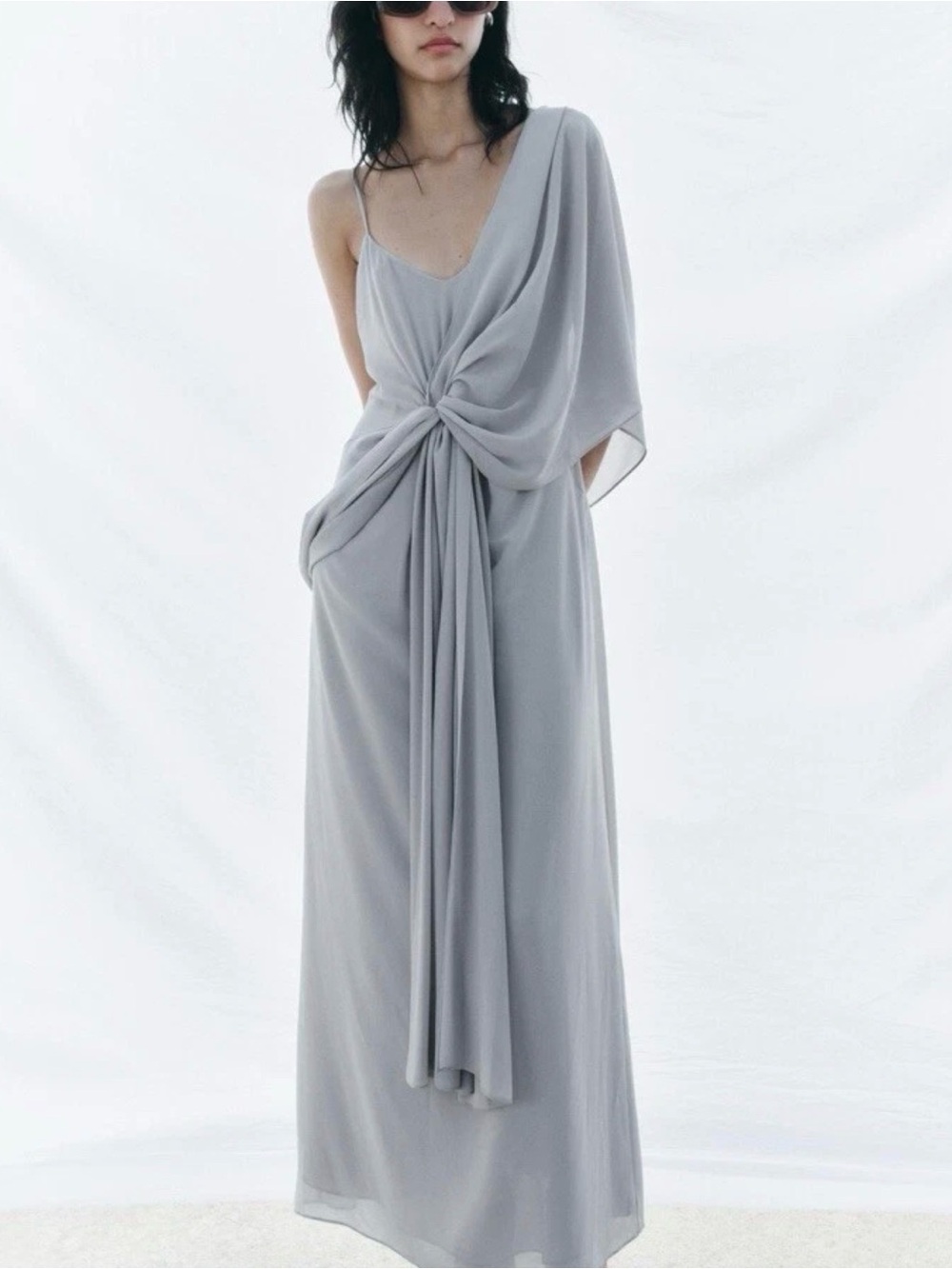 Zara Multiway Georgette Maxi Dress Gray Convertible Halter Ruched Size M